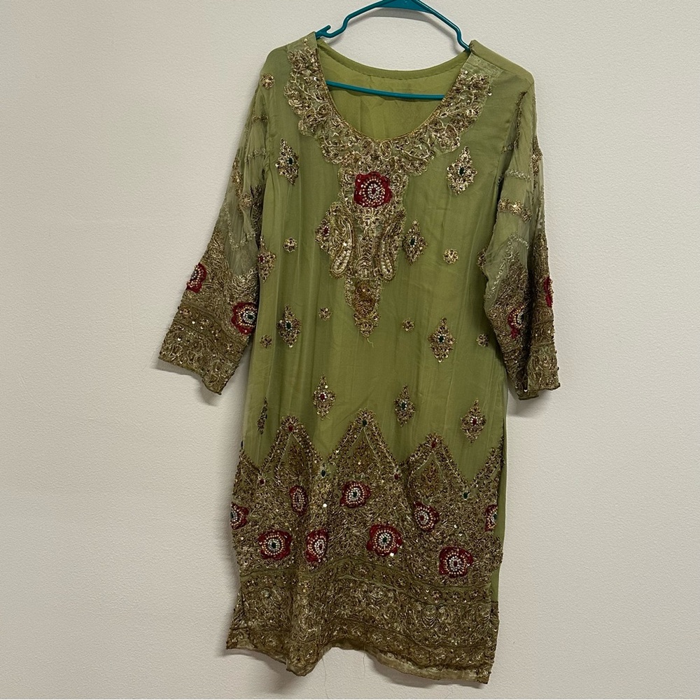 Lime Green and Red Three-Piece Salwar Kameez Heavy Stonework Outfit Size Large - Picture 4 of 12